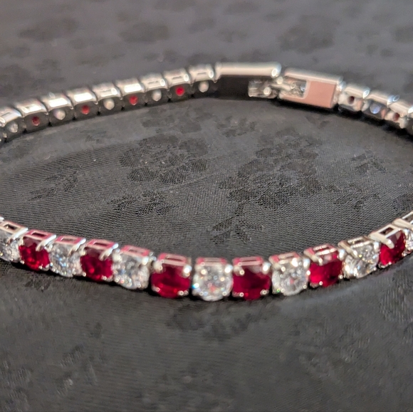 Cz Jewelry - Elegant Red and White CZ Silver Tone Tennis Bracelet 7"